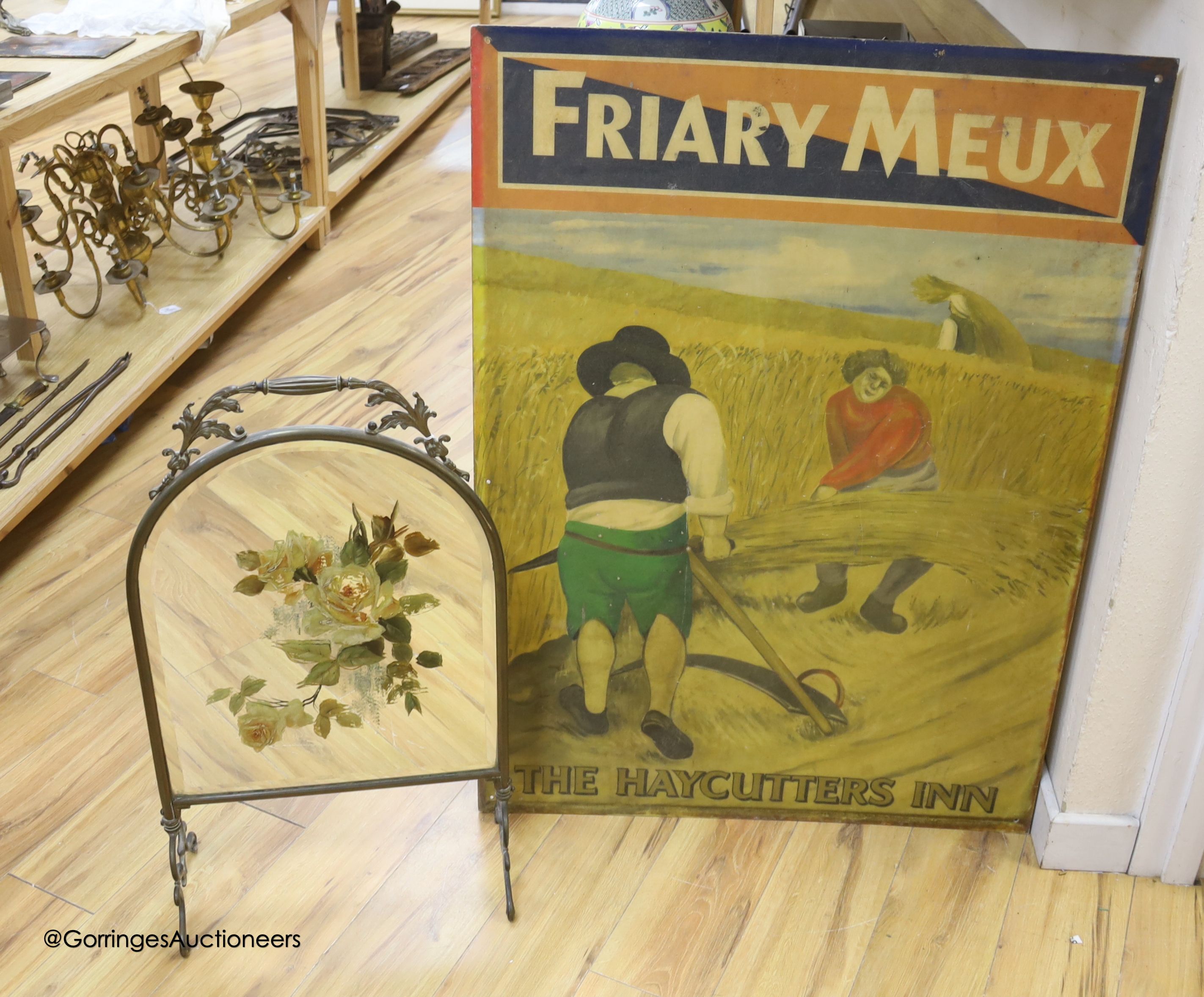 An advertising sign for The Haycutters Inn, Friary Meux, 81 x 112cm, and a mirrored fire screen